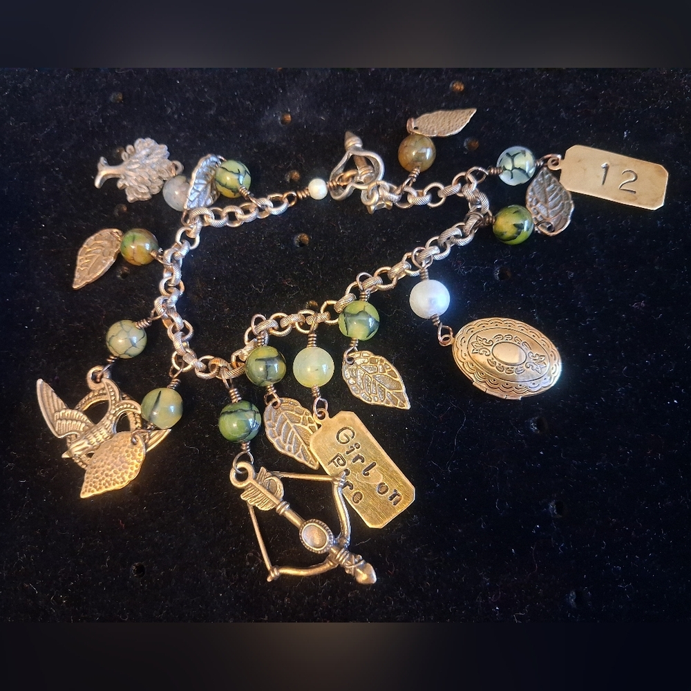 The Hunger Games Katniss Everdeen Brass Charm Bracelet With Green Beads